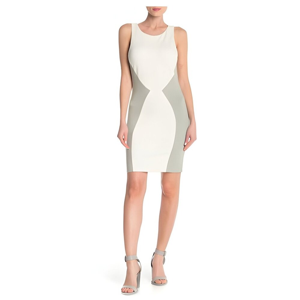 NWT Green Ivory White Neutral Colorblock Sleeveless Hourglass Sheath Dress M